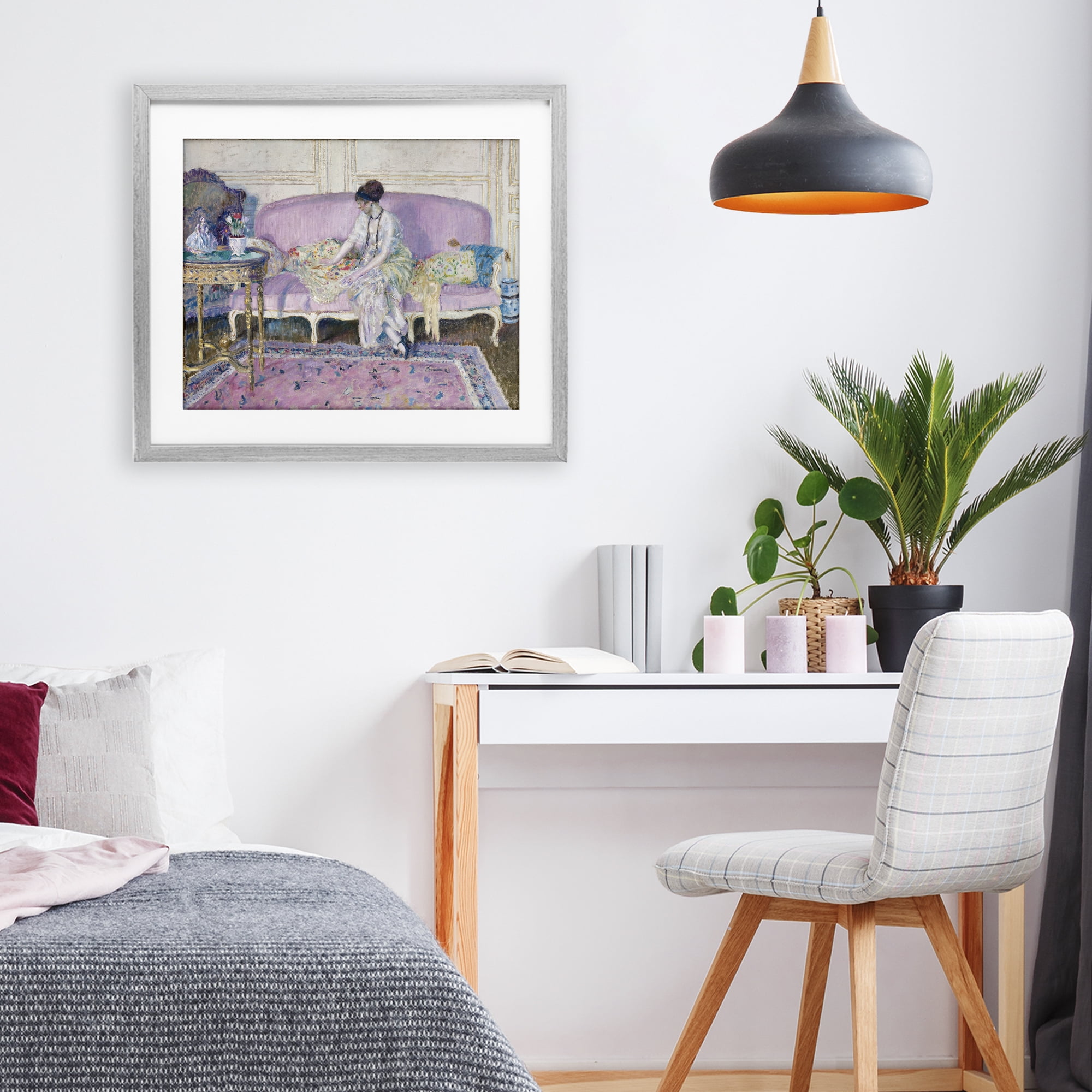 Woman Seated on Sofa Gray Framed Print Under Glass, design by Wild Apple Portfolio