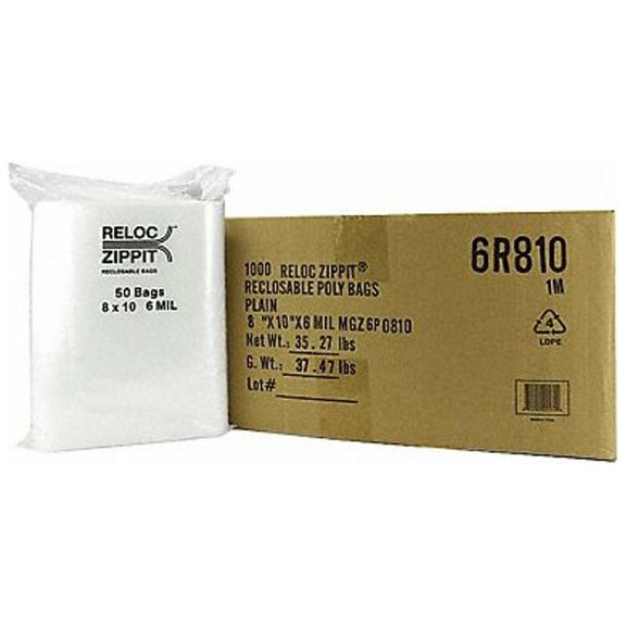 Reloc Zippit Reclosable Poly Bag,Zip Seal,PK1000 6R810