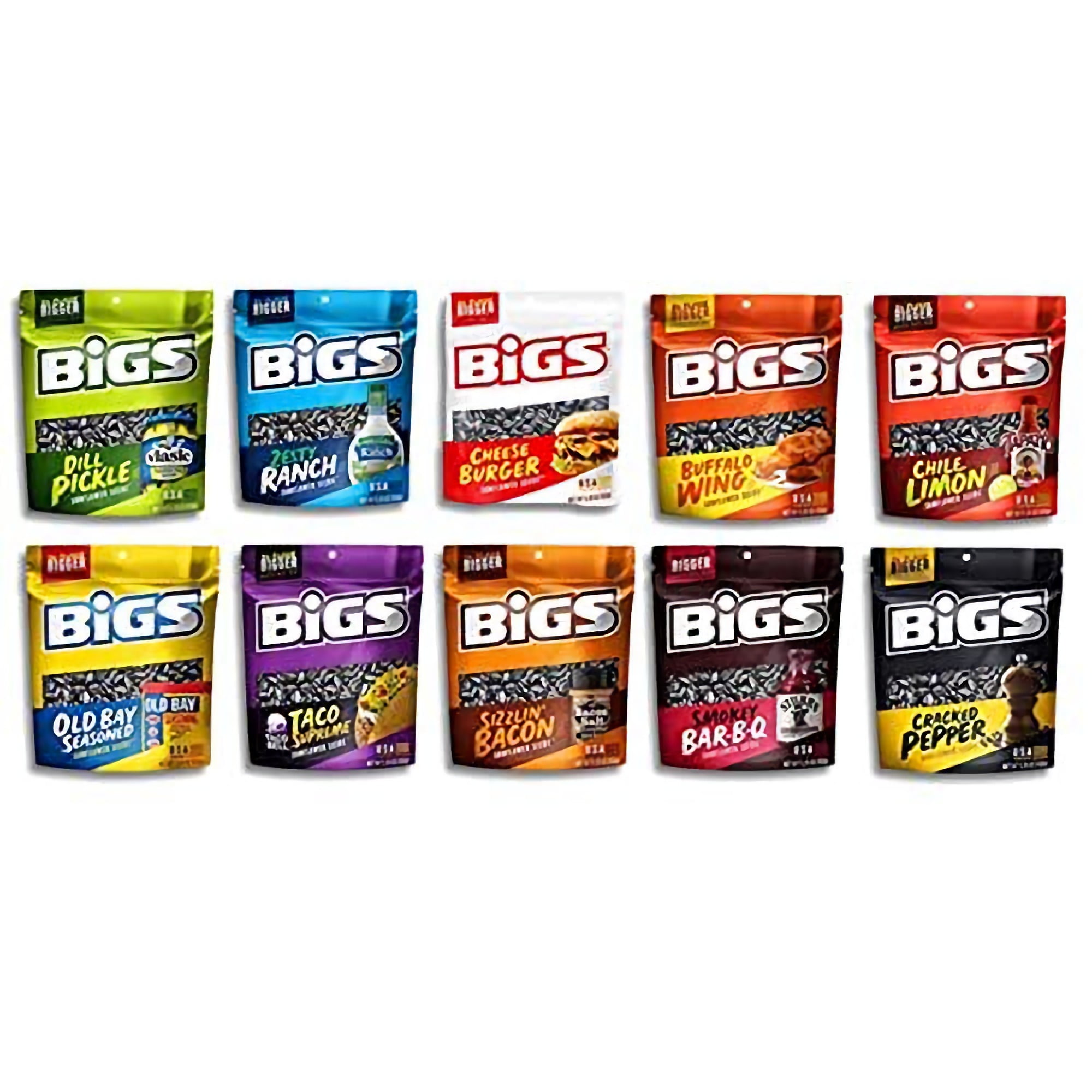 BIGS Sunflower Seeds 10 Flavor Variety Sampler Value Pack | May include Taco, Cheeseburger, Pickle, Old Bay, Pizza, Chili Lime, Bacon, BBQ, Ranch, Black Pepper