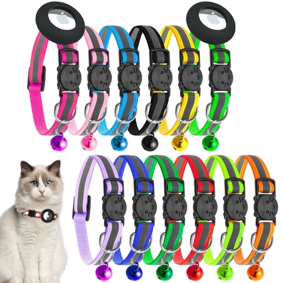 GMZW Reflective Cat Collar with AirTag Holders, Set of 14, with Bells, Solid & Safe Collars for Cats, Nylon, Mixed Colors, Pet Collar, Air Tag Holder, Breakaway Cat Collars Charms