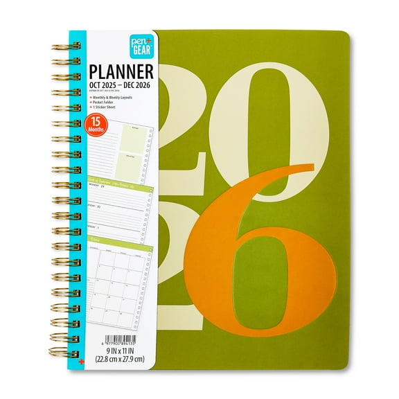 Pen+Gear 15-Month Weekly Planner, 9" x 11", Multicolor 2026, October 2025-December 2026