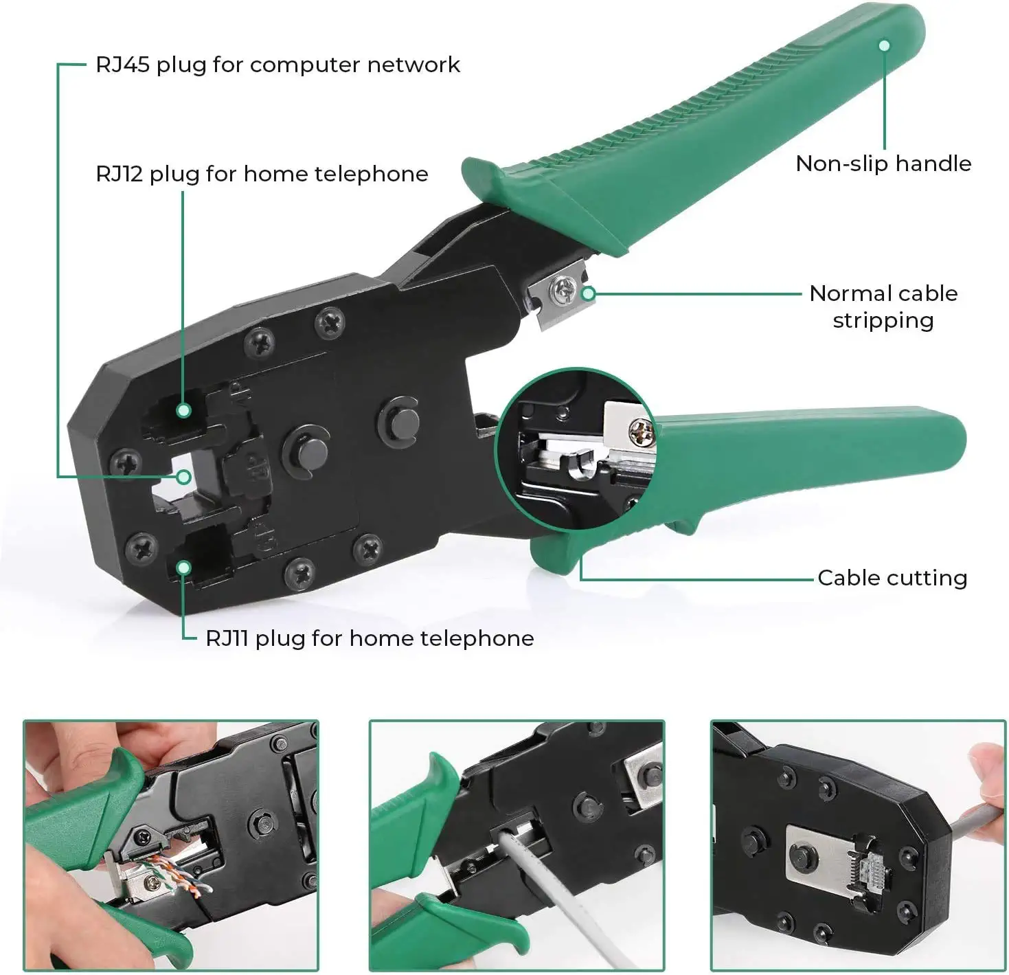 Network Tool Kit for Cat5 Cat5e, 9-in-1 Portable Crimping Tool Kit, 8P8C 6P6C 4P4C Connectors, RJ11/RJ12/RJ45 Cat5 Cat5e Network/Phone Cable Tester with Punch Down Tool, Black