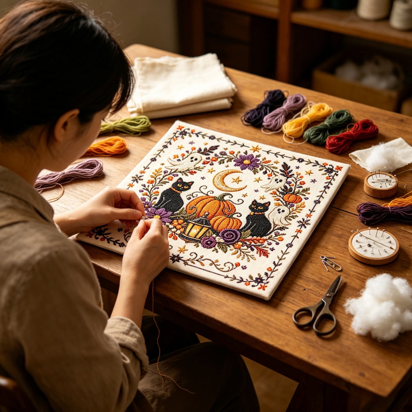 Halloween Embroidery Kit Witch Pumpkin DIY Needlework Linen Fabric Floral Stitching Fall Decor Craft Halloween and Thanksgiving Gift