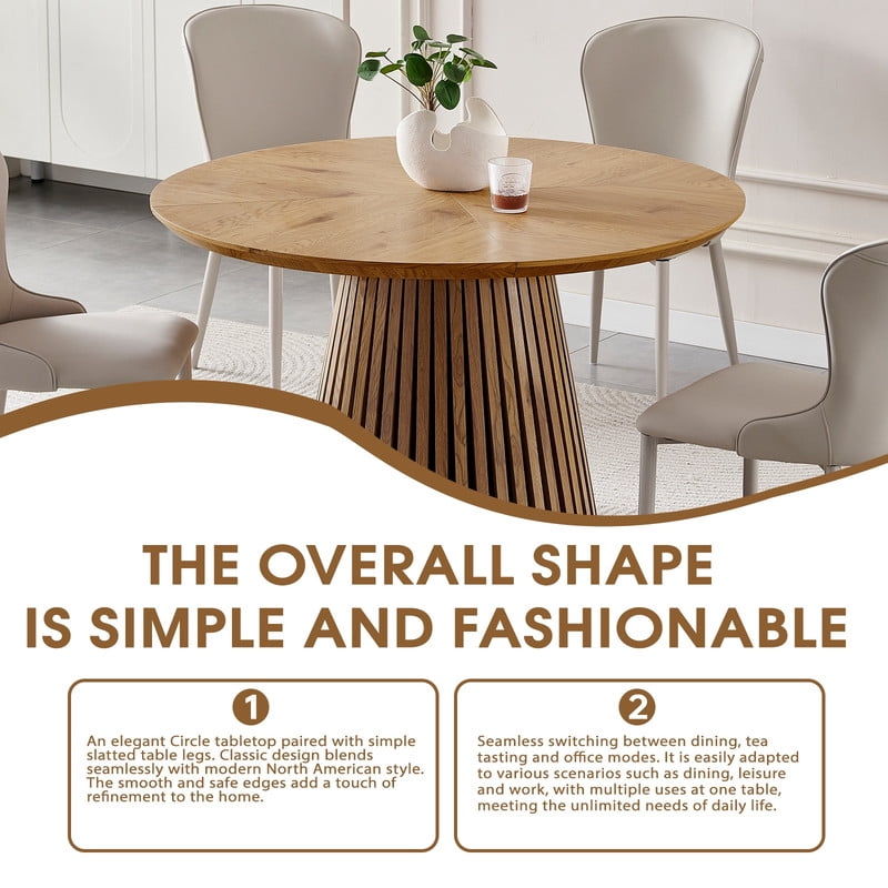 47.24'' Round Wooden Dining Table for 4, Accent Kitchen Dinner Table with Splicing Design Tabletop & Fluted Base