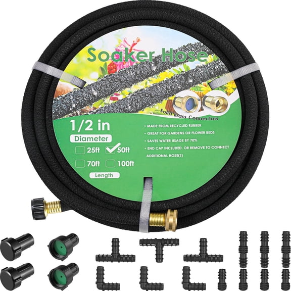 LIFERUN Soaker Hose Kit 50 ft 1/2", Rubber, Solid Brass Connectors, Heavy Duty Drip Hose to Save 70% Water, for Garden, Lawn and Yard