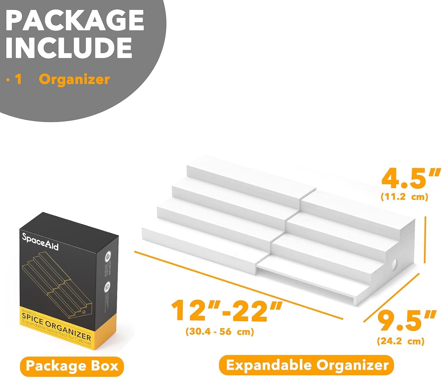 SpaceAid Expandable Spice Rack Organizer for Cabinet, Bamboo, 4 Tier, White