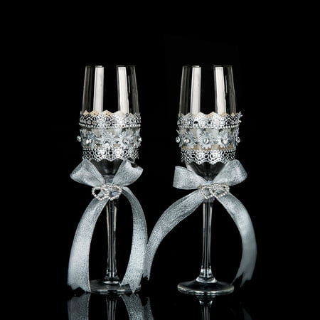 Crystal Champagne Glasses Champagne Flute Ribbon & Swarovski Crystal Toasting Glasses - Wedding Gift