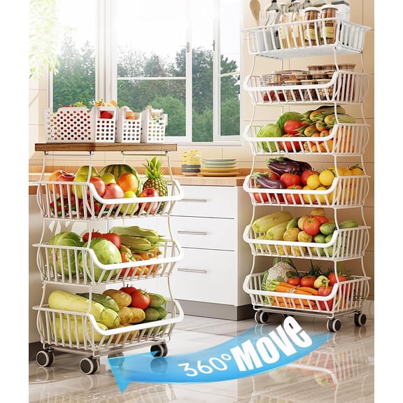Fruit Vegetable Storage Basket with Wheels, 6 Tier Stackable Wire Storage Baskets, Tall Standing Produce Kitchen Rack Display, Narrow Rolling Cart for Pantry Onion Potato, White