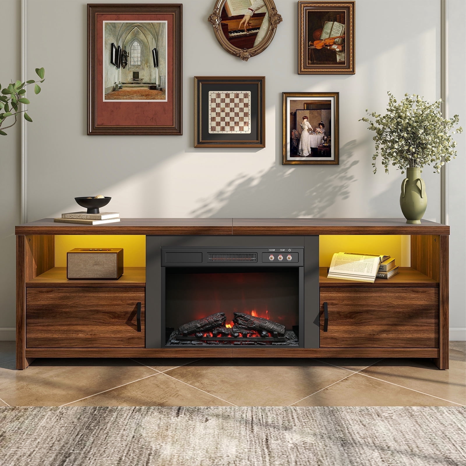 Bestier 71" Fireplace TV Stand for TVs up to 75" LED Entertainment Center with 23" Remote Control Electric Fireplace, Walnut