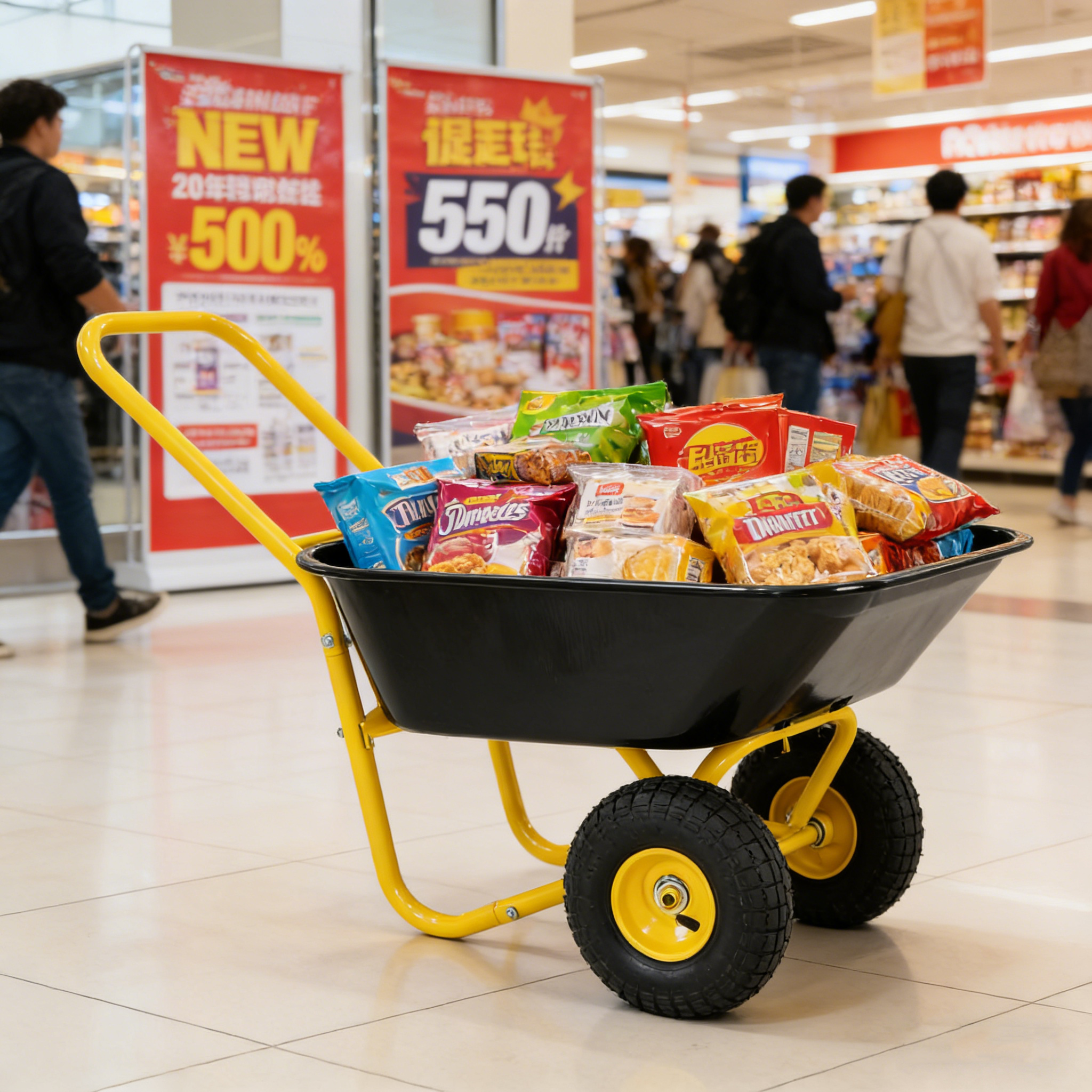 Two-Wheeled Garden Barrow Cart with 10-Inch Pneumatic Wheels, Yellow & Black 35L Large Capacity Non-Porous Leak-Proof Utility Wheelbarrow for Soil Water Tools Garden Warehouse Use