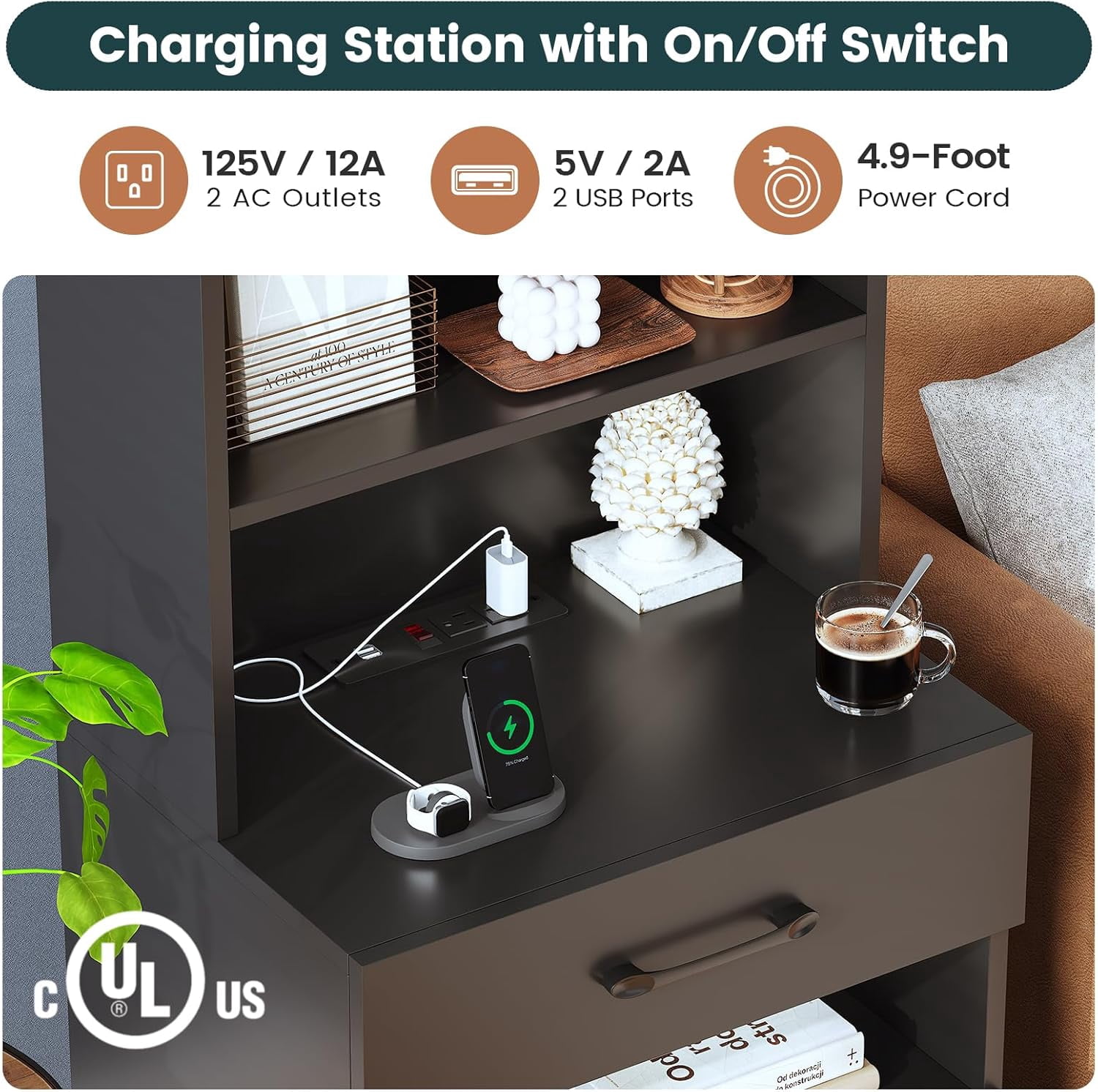 AOGLLATI Tall Nightstand with Charging Station and LED Lights Bookshelf, Bedside Table with 3 Drawers and Storage Shelves, End Side Table for Bedrooms