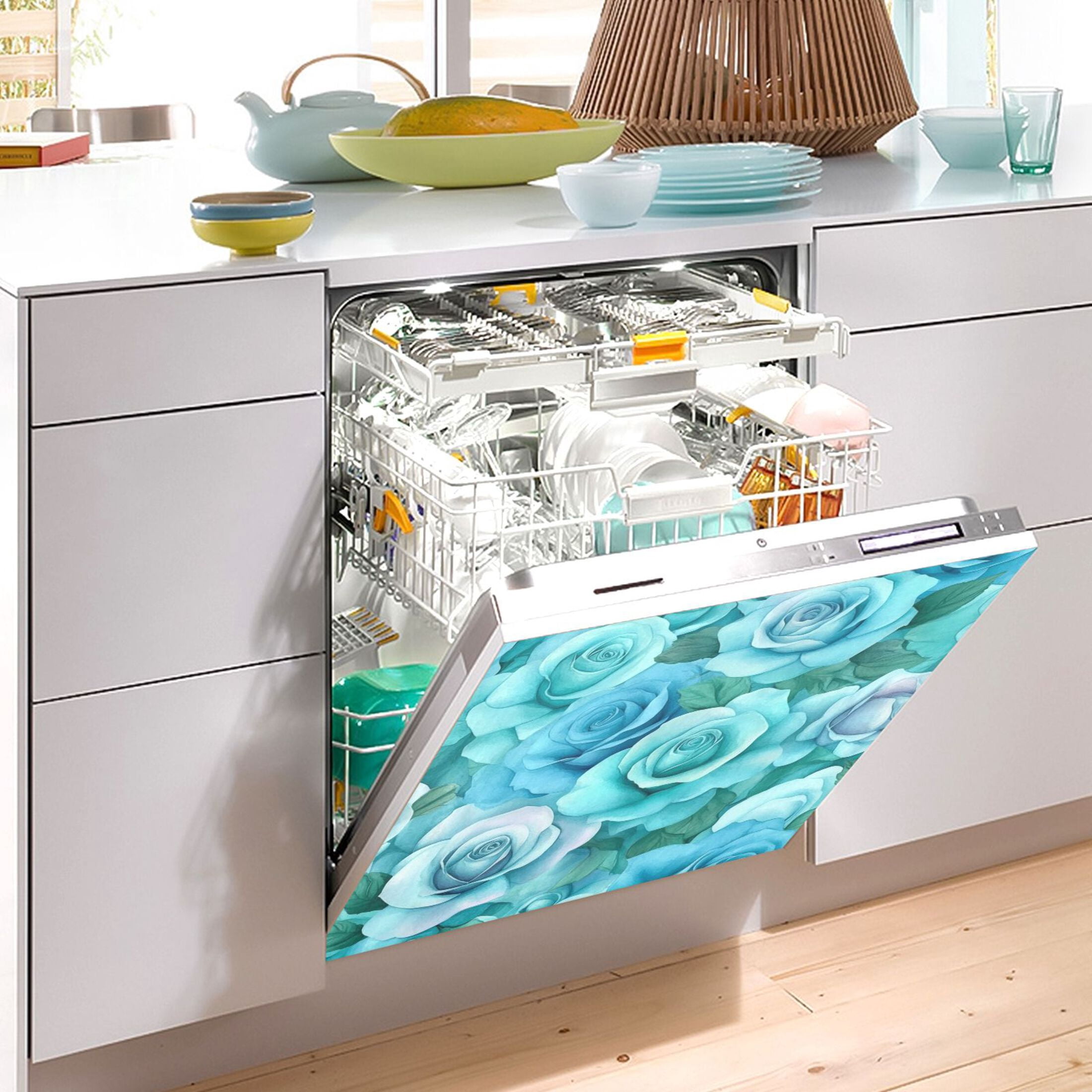Dishwasher Magnetic Sticker 23x26 Inch Refrigerator Magnetic Sticker Washing Machine Magnetic Sticker Kitchen Panel Magnetic Sticker Home Decor Cartoon Turquoise Roses