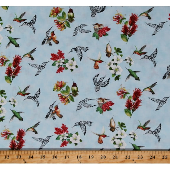 Cotton Hummingbirds Birds Animals Flowers Floral Nature Hummingbird Vision Blue Cotton Fabric Print by the Yard (29000BLUE)