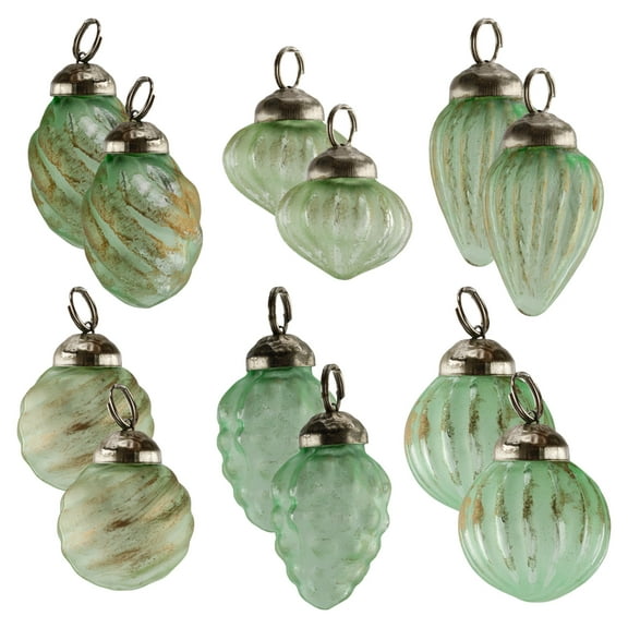 AuldHome Mercury Glass Finial Ornaments (Set of 12, Soda Glass, Small); Distressed Metal Antique Style Christmas Tree Decorations; 1.3 to 2-Inch Size