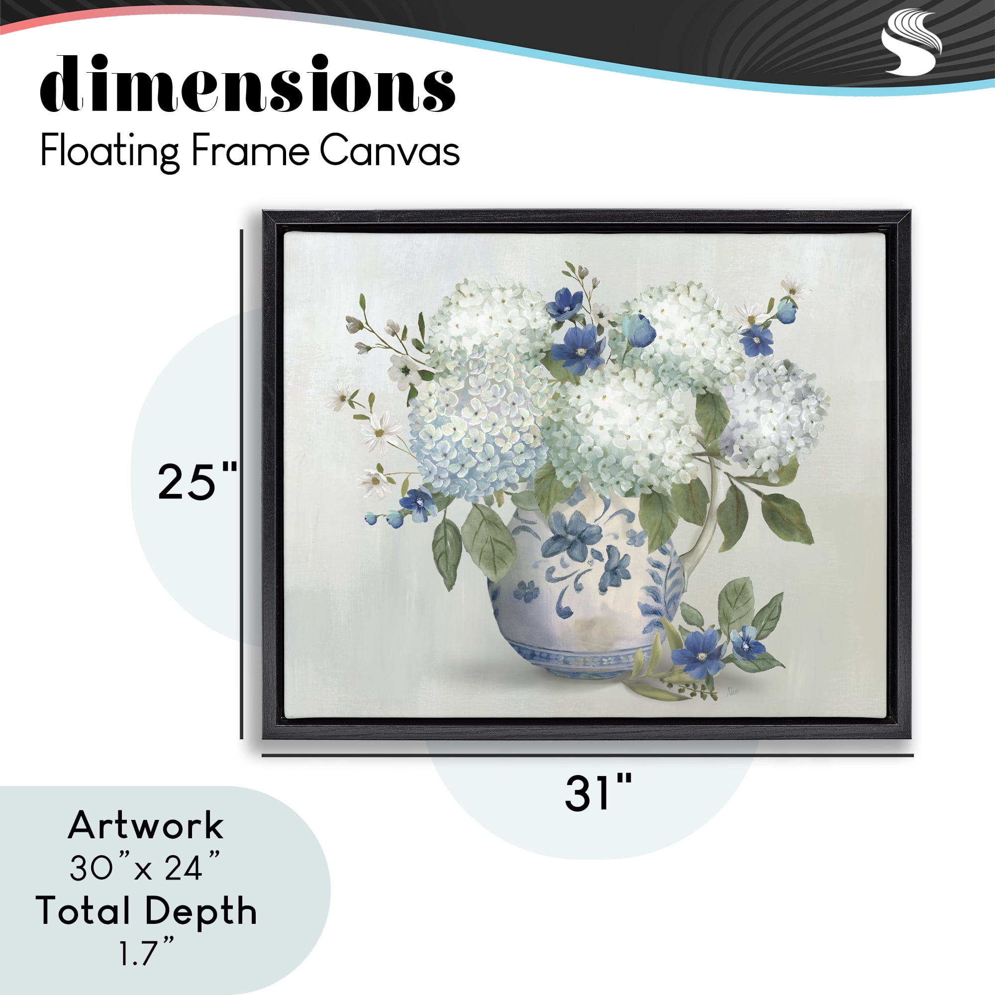 Stupell Industries Ivory & Blue Hydrangea Vase Black Framed Floater Canvas Wall Art, design by Nan