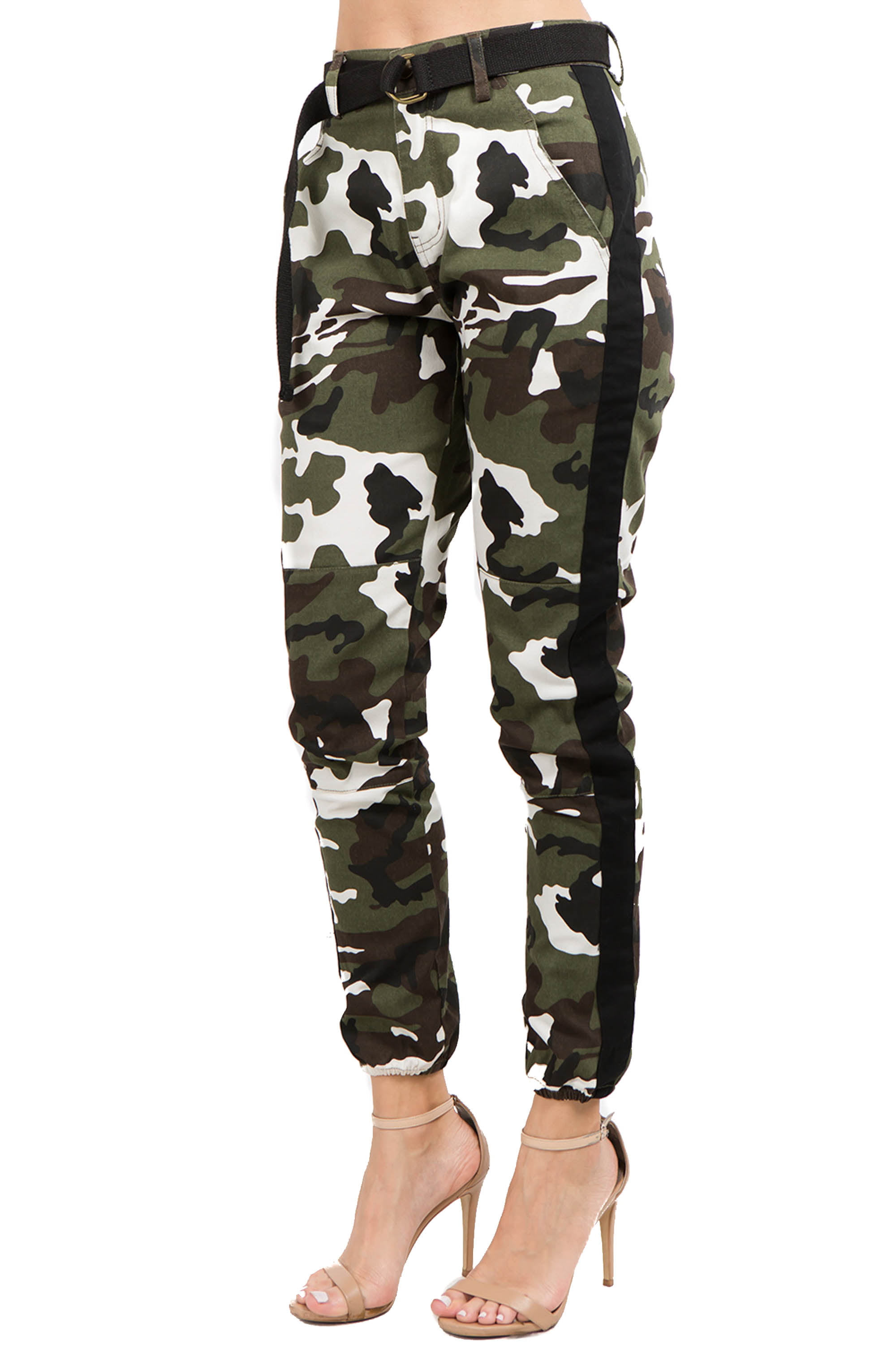 Love Moda Women's Slim Fit Camouflage Cotton Belted Jogger Pants ...