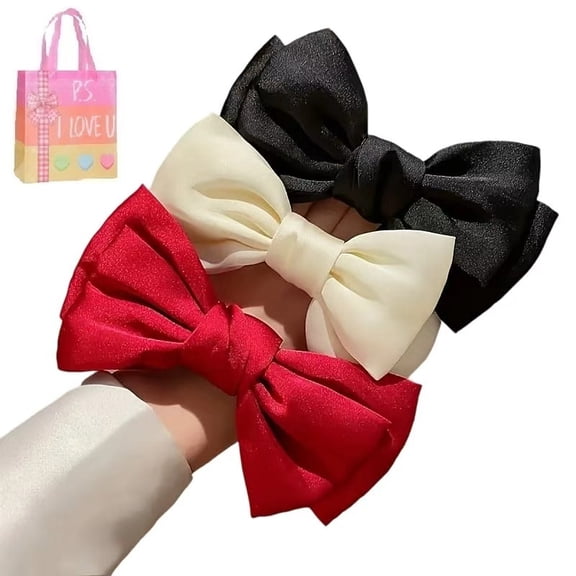 Large Silk Hair Scrunchies 3-Pack with Ribbon Bows - Soft Festive Hair Ties, Ponytail Holders & Hair Accessories for Women, Girls, Teens, Gifts(XX)