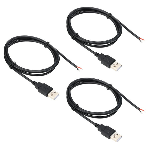 Unique Bargains 1M/3Ft USB 5V 3A Type-C Pigtail Power Cable, 3Pcs 22AWG USB Plug to 2 Pin Wire Open End Connector Plug, Black