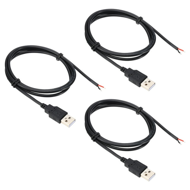 Unique Bargains 1M/3Ft USB 5V 3A Type-C Pigtail Power Cable, 3Pcs 22AWG USB Plug to 2 Pin Wire Open End Connector Plug, Black