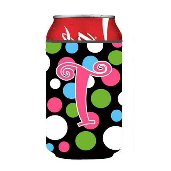 Letter T Initial Monogram - Polkadots And Pink Can Or Bottle  Hugger
