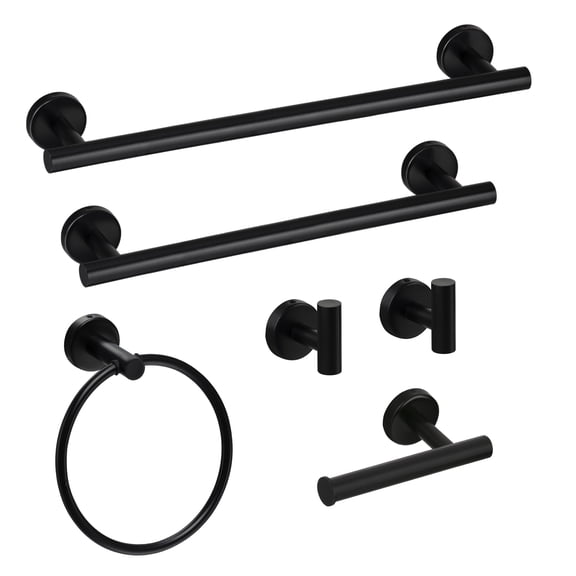 Bathroom Hardware Set, 6-Piece Matte Black Bath Accessories Set Wall Mount Includes 17/23" Towel Bar,Toilet Paper Holder,Towel Ring, 2 Hooks SUS304 Stainless Steel,Heavy Duty
