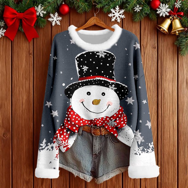 MHFRRA Camiseta de Manga Larga con Cuello, Estampado Festivo, Blusa Suave y Acogedora con Cuello Redondo para Atuendos de Fiesta de Temporada. Gris