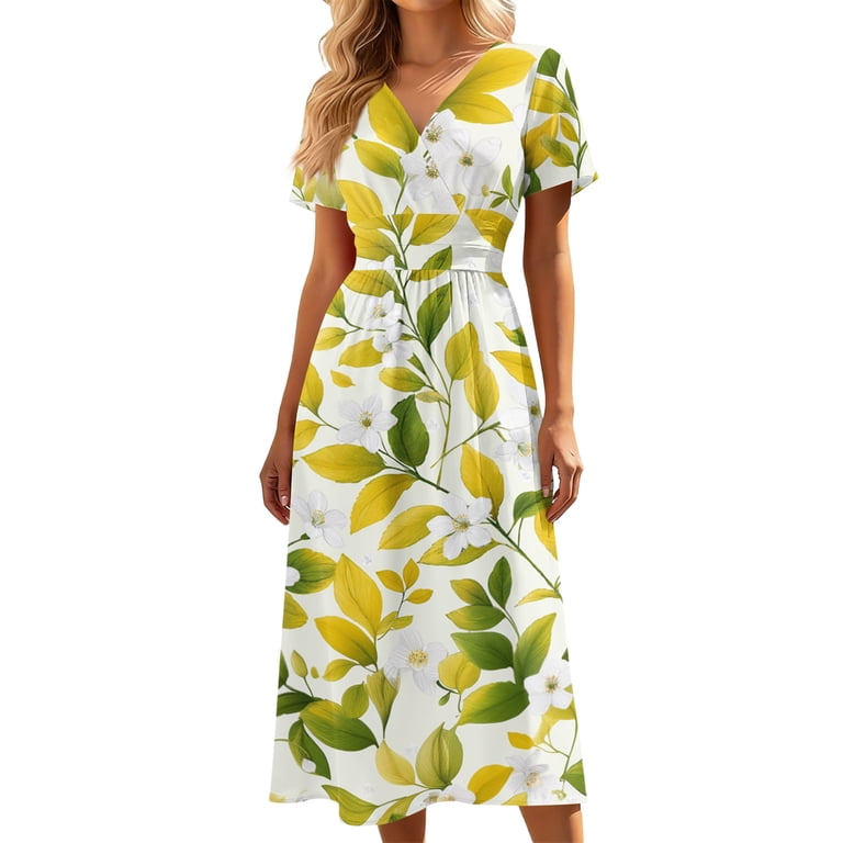 Botanical Leaf Print Wrap Dress for Women