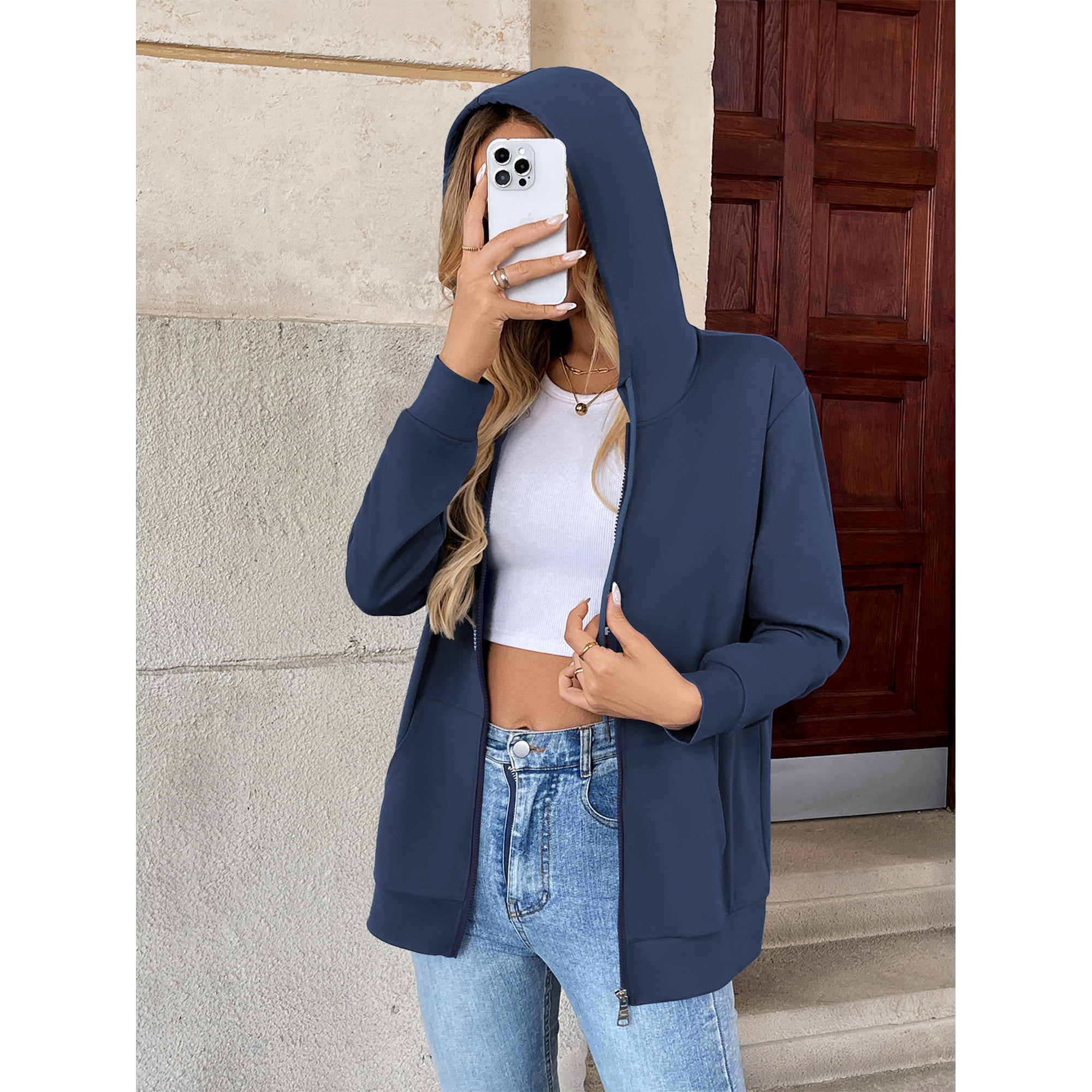 HOWCOME Basic Women's Full-Zip Hoodie – Lightweight Non-Fleece Long Sleeve Track Jacket with Adjustable Hood and Pockets, Navy Blue X-Large