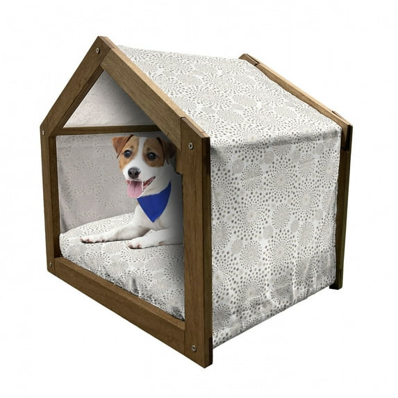 Abstract Pet House, Geometric Composition with Circles of Different Sizes and Flower Arrangement, Outdoor & Indoor Portable Dog Kennel with Pillow and Cover, 5 Sizes, Tan Taupe Beige, by Ambesonne