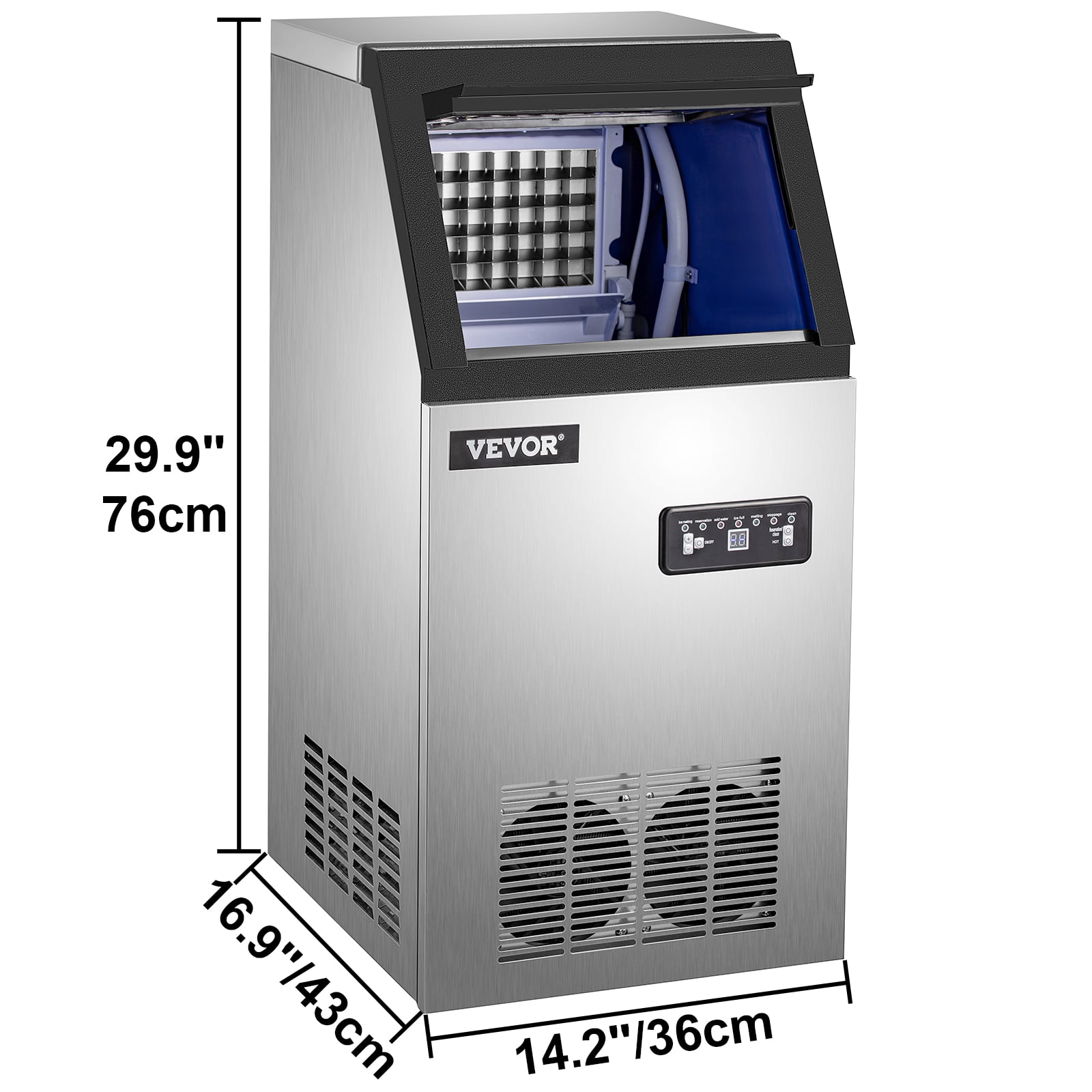 KFFKFF 110V Commercial Ice Maker 120lbs/24h with 29lbs Storage 5x9 Cubes Stainless Steel Auto Clean for Bar Home Supermarkets Includes Scoop and Connection Hose