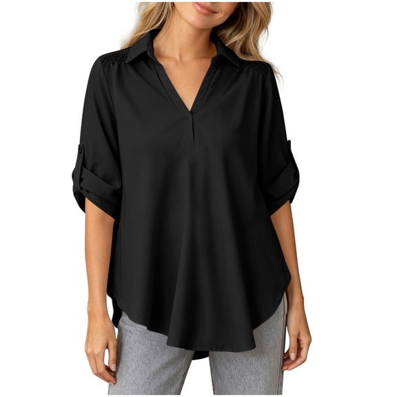 Guluxicc Women's Lounge Shirts Lightweight Collared V Neck Long Sleeve Solid Tops for Summer Casual Outfits