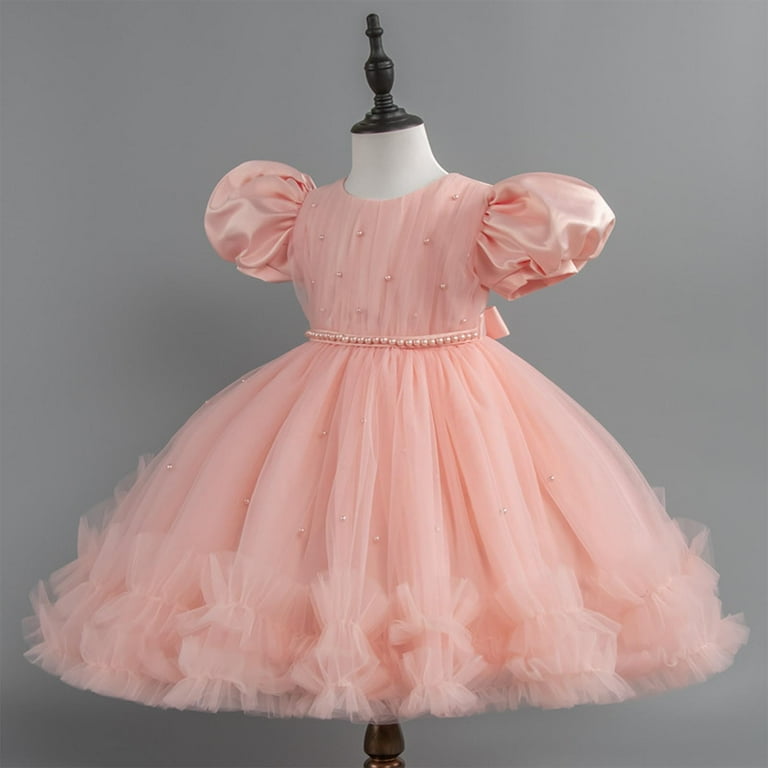 AUNVITO Girls Bubble Sleeve Round Neck Solid Dress Pearl Embellished Tulle  Fluffy Skirt Party Princess Luxury Evening Short Sleeve