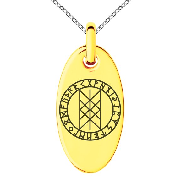 Stainless Steel Vegvisir Web of Wyrd Skuld’s Net Viking Engraved Small Oval Charm Pendant Necklace