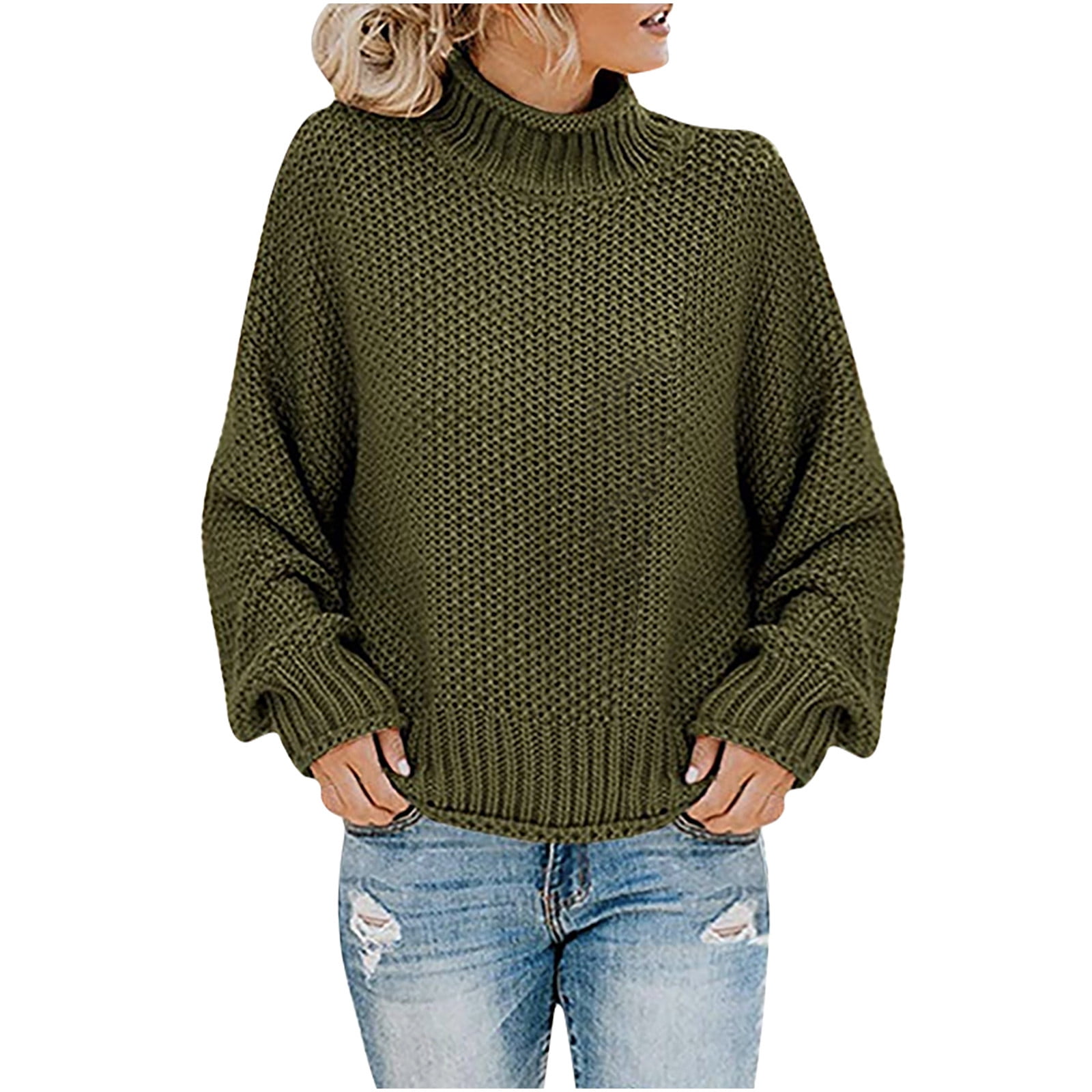 Womens Turtleneck Long Sleeve Chunky Sweater Women Waffle Knit Shirt ...