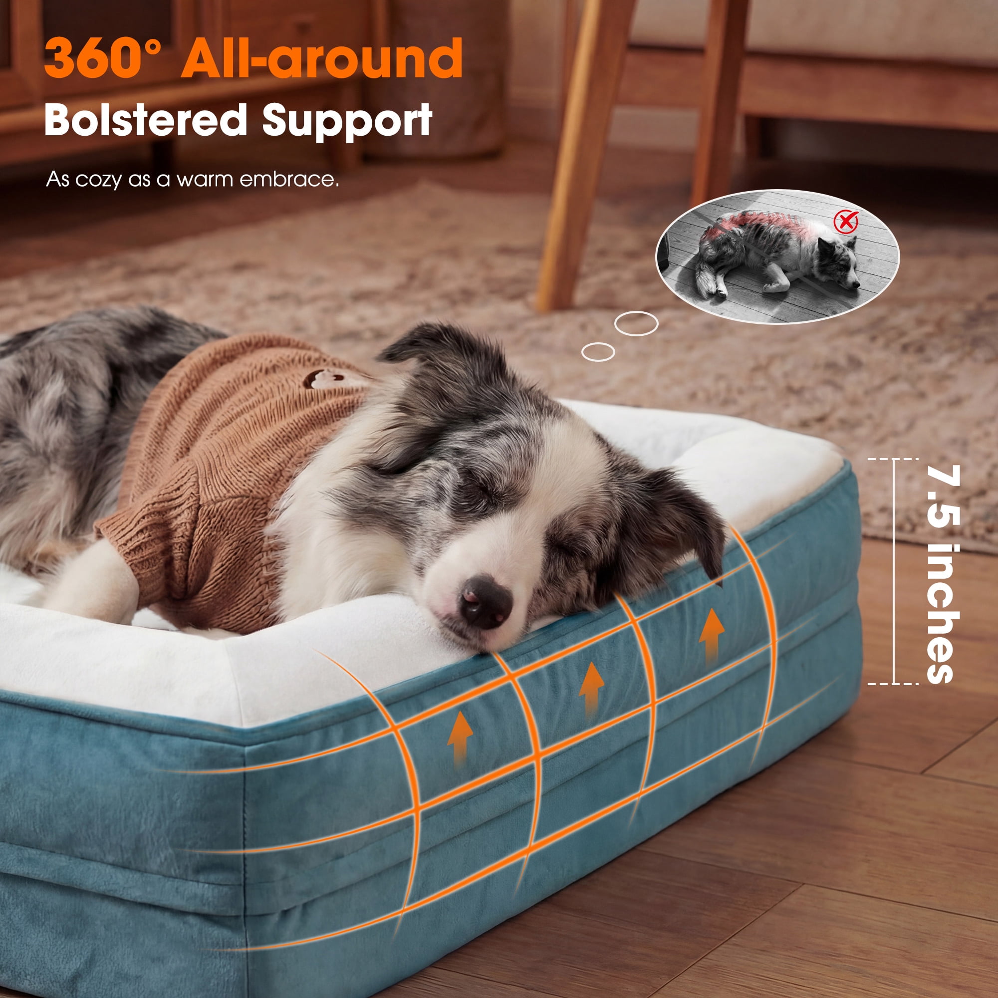 XX-Large Orthopedic Dog Bed Waterproof Pet Sofa Bed Four-Sided Bolster Cushion with Removable Washable Cover for Big Dogs Blue