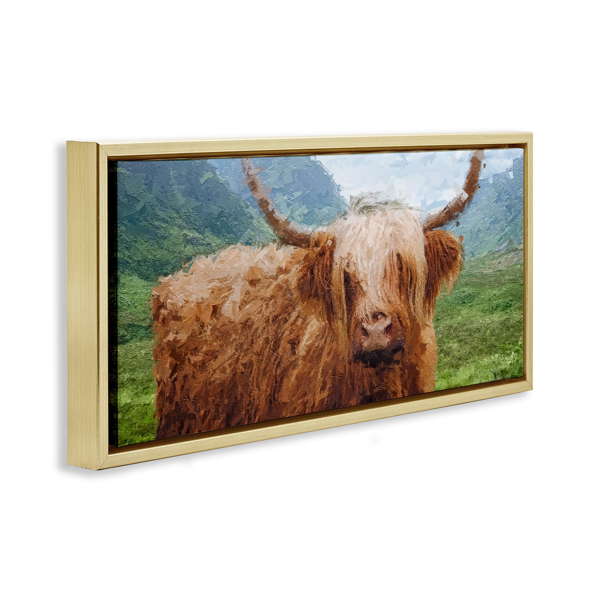 Stupell Industries Impressionist Highland Cattle Animals & Insects Painting Gold Floater Framed Canvas Art Print Wall Art, 31 x 14