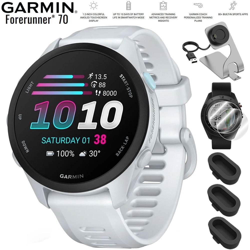 Garmin Forerunner 70 Whitestone 010-04307-01 Bundle with Deco Essentials Charging Dock, 2-Pack Screen Protector and Silicone Dust Cover for Garmin Watch 3 Pack