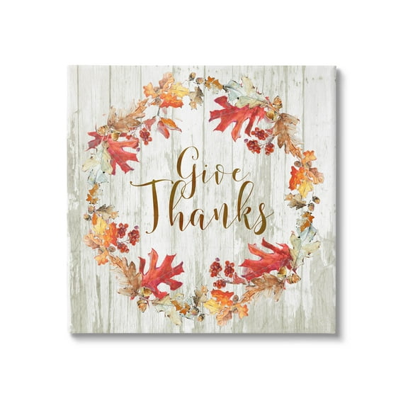 Stupell Industries Give Thanks Autumnal Wreath Graphic Art Gallery Wrapped Canvas Print Wall Art, Design by Sally Swatland
