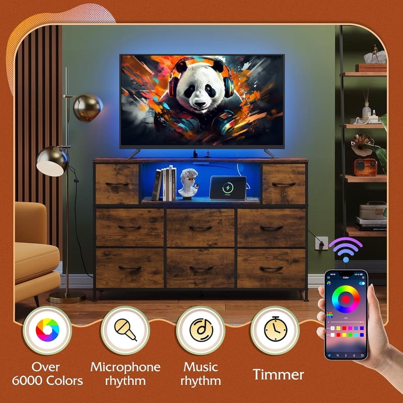 Bigleap LED TV Stand with Charging Station, Music-Sync Light Up Entertainment Center, 8 Fabric Drawer Dresser for Bedroom & Living Room, Brown(Fits 45-55 inch TV)