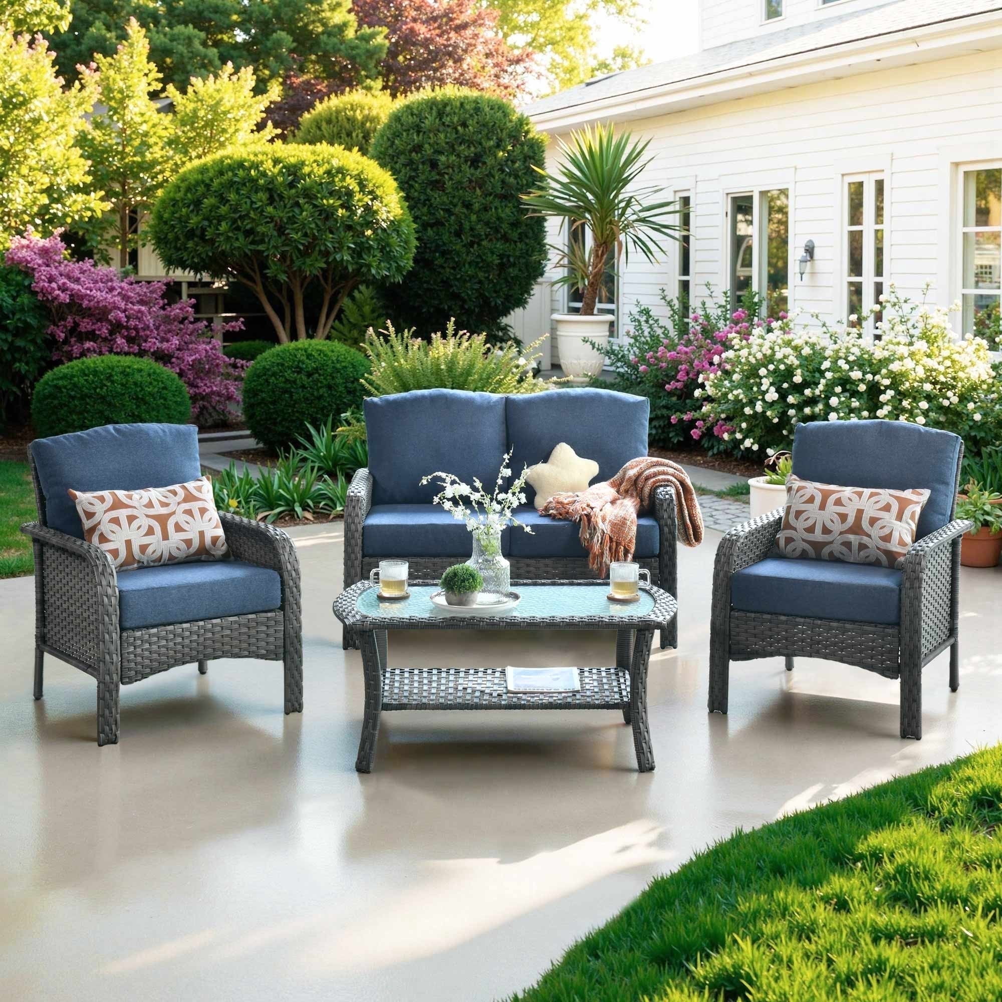 Ovios 4 Pieces Wicker Outdoor Patio Furniture with Coffee Table High Back All Weather Rattan Outdoor Sectional Conversation Set for Backyard Porch Garden, Denim Blue