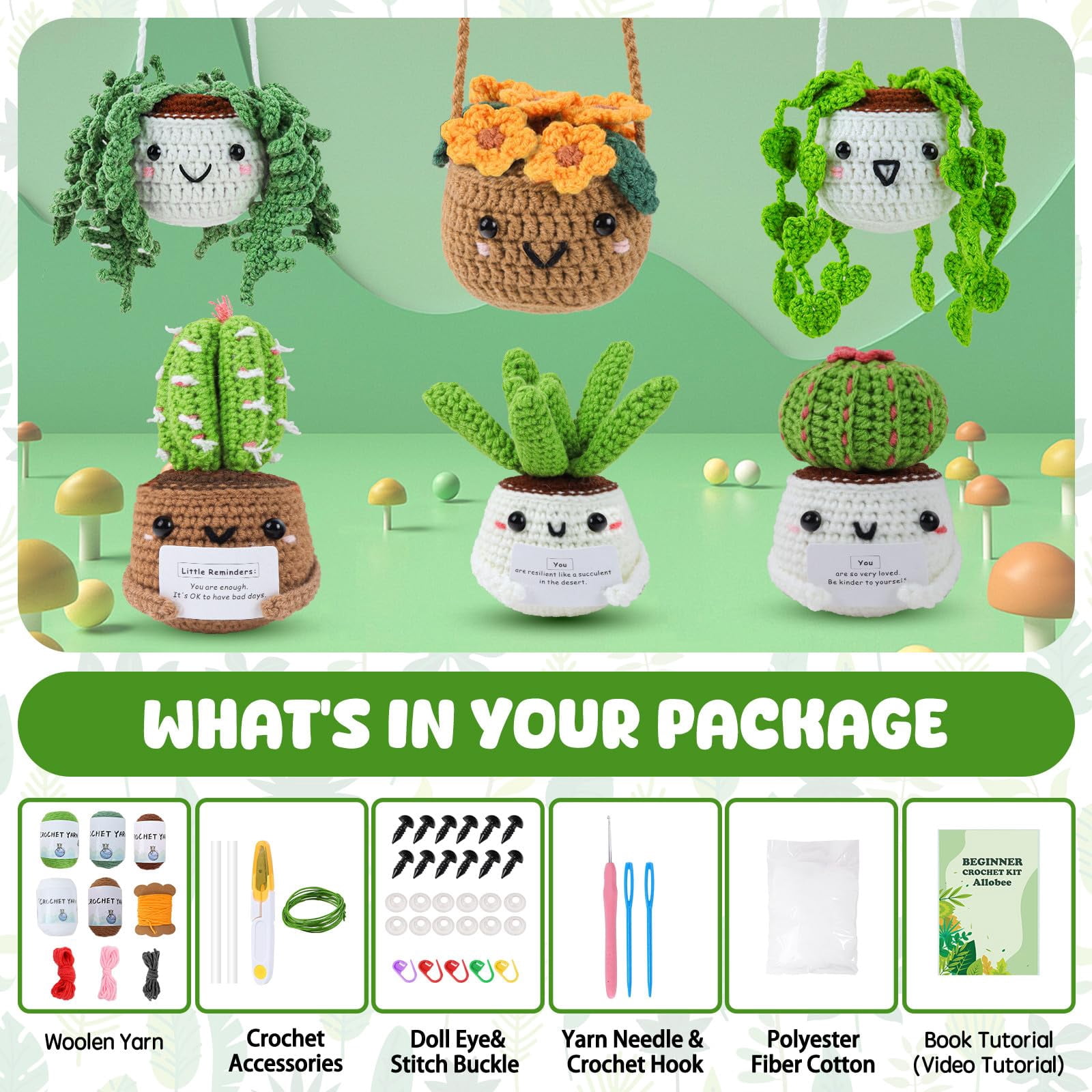 Crochet Kit for Beginners, Crochet Starter Kits for Adults Amigurumi Craft KnittCrochet Kits with Step-by-Step Video Tutorials, 6 Pack Hanging Potted Plants Family(40%+ Yarn