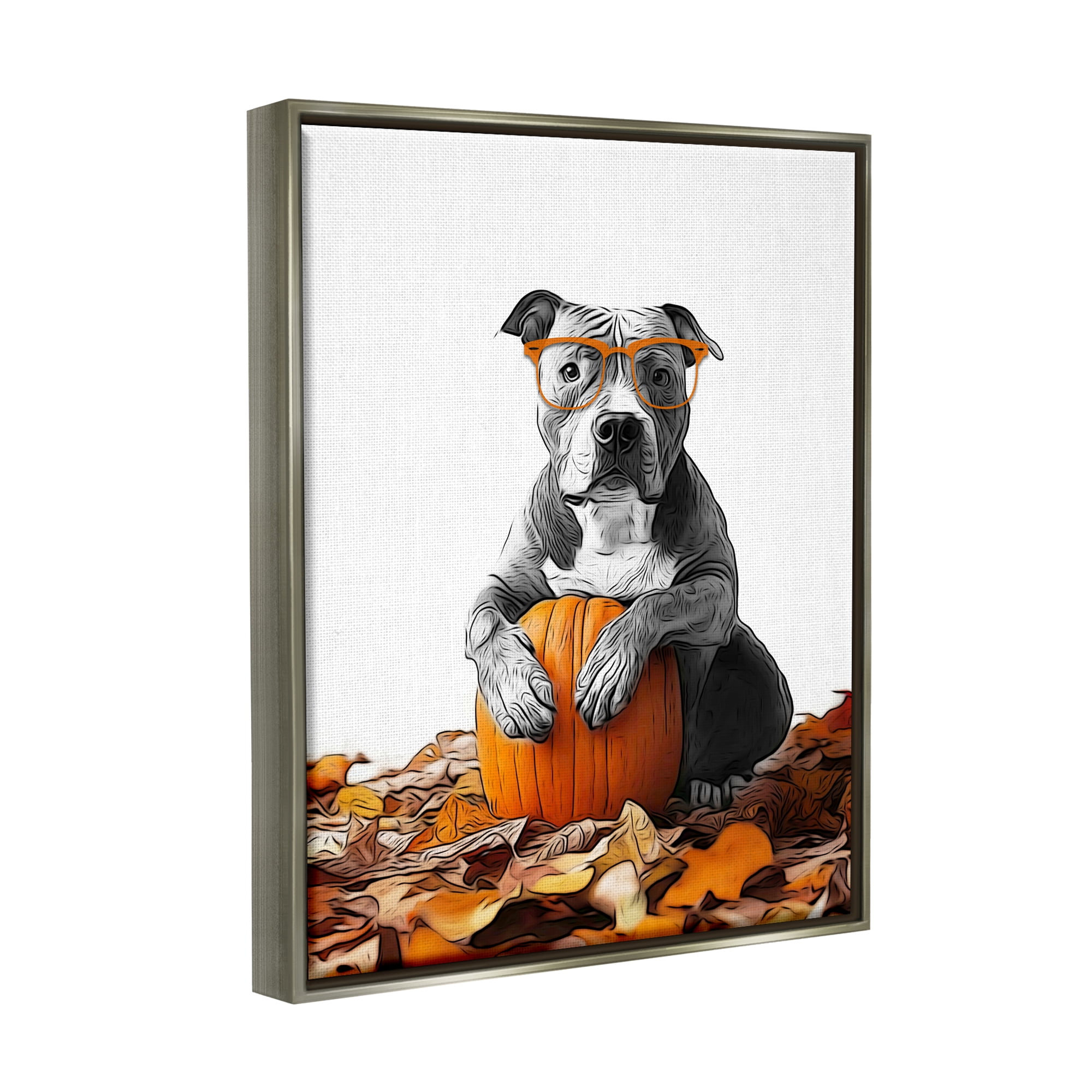 Stupell Industries Pit Bull Autumn Leaves Holiday Painting Gray Floater Framed Canvas Art Print Wall Art, 17 x 21