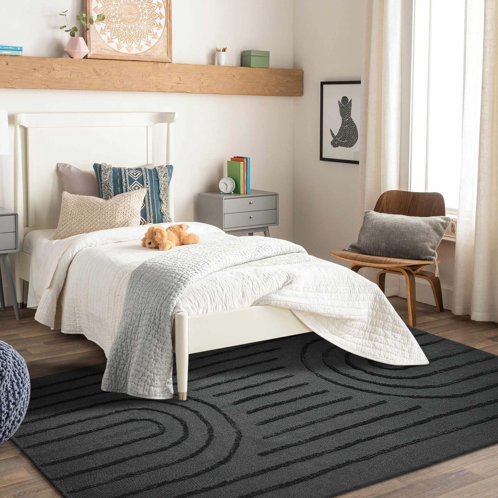 SUNDEREY Modern Rainbow Area Rug,5'x8' Washable Bedroom Rugs,Boho Woven Floor Carpet With Tassel, Modern Farmhouse Tufted Rug For Living Dining Room Kitchen Entryway Bathroom,Dark Grey