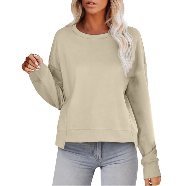WEAIXIMIUNG T-Shirts Personnalisés pour Femmes Chandail en Molleton Court Col Rond Manches Longues Hauts d'Automne Tendance Décontracté Ourlet Irrégulier