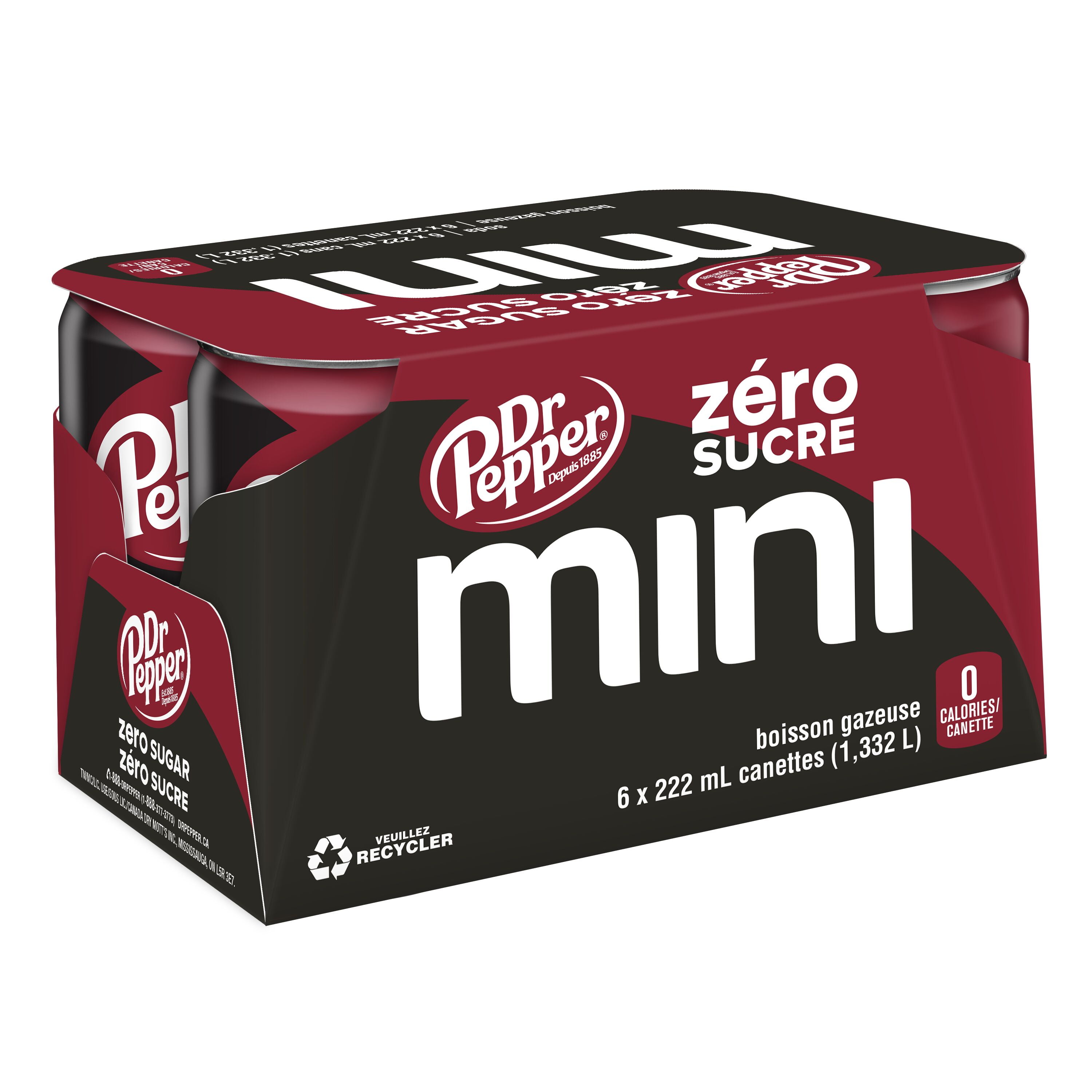 Dr Pepper Boissons aromatisées Original 6 x 222 mL Dr Pepper Zéro sucre est un mélange unique de 23 saveurs qui ne contient ni sucre ni calorie. Les autres sodas peuvent bien s'essayer, mais seul Dr Pepper Zéro sucre peut satisfaire votre envie de saveur!
