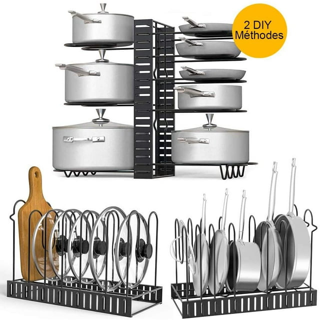 Support de Pot, 2 Méthodes Diy Support de Pot en Acier Inoxydable Rangement de Cuisine avec 8 Compartiments Réglables Parfait pour Ustensiles Casseroles, Pots, Couvercles