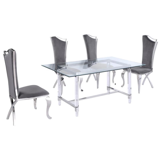 5pc. Ensemble de Repas en Verre de 68 x 40 Po avec 4 Chaises et Acier Inoxydable Argenté