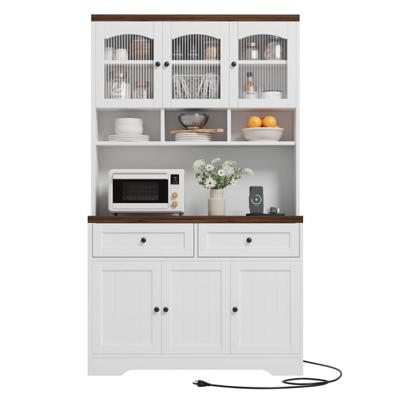 71" Pantry Cabinet with Charging Station, Tall Kitchen Pantry Storage Cabinet with Microwave Stand, Farmhouse Kitchen Hutch with Storage Drawers for Living Room, Dining Room, White