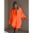 thumbnail image 4 of Women'S Cotton Cardigan Long Sleeve Top and Shorts Set Minimalist Solid Color Loungewear Outfit Orange S, 4 of 8