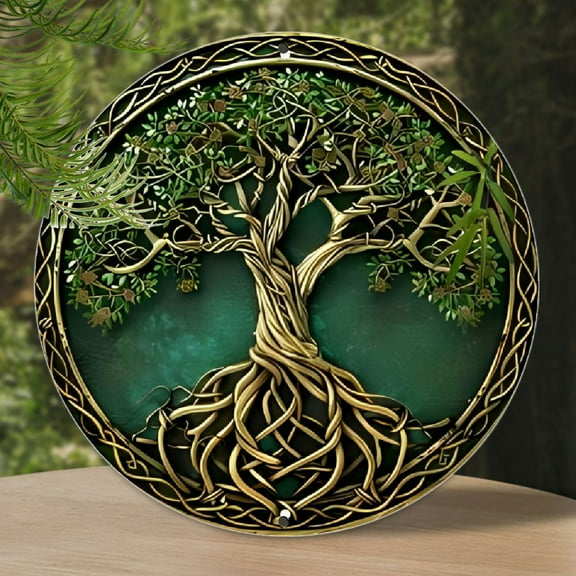 1pc Celtic Tree of Life Aluminum Round Sign, 7.8x7.8 inch, Vintage Metal Wall Art with Intricate Knotwork Design, Retro Decor for Bar, Cafe, Beach House, Backyard, Spiritual Space Art Supplies